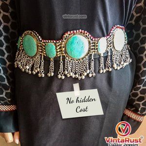 Afghan Kuchi Belt: Vintage Tribal Silver Bells, Green Stones